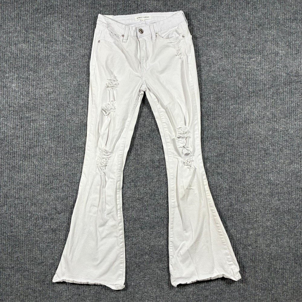 Almost Famous Womens Flared Jeans Size 7 White Distressed Stretch Denim Low Rise